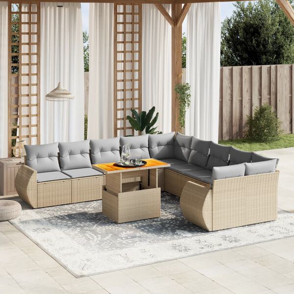 vidaXL 11-delige Tuinset met kussens poly rattan beige