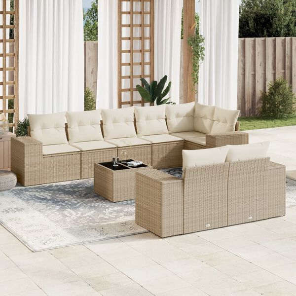 vidaXL 9-delige Loungeset met kussens poly rattan beige