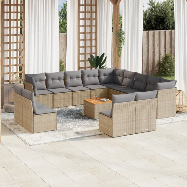 vidaXL 14-delige Loungeset met kussens poly rattan beige