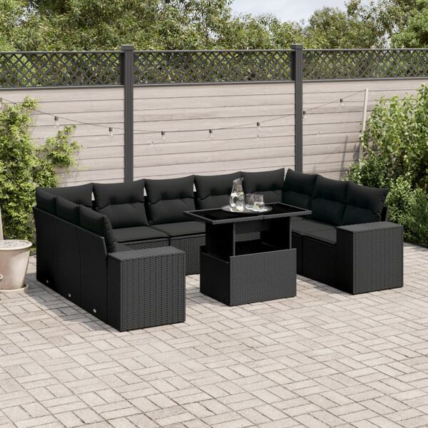 vidaXL 10-delige Loungeset met kussens poly rattan zwart