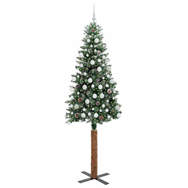 vidaXL Slanke Kerstboom Groen en Wit 210 cm PVC en massief dennenhout