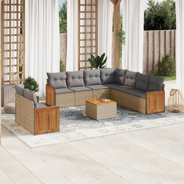 vidaXL 10-delige Loungeset met kussens poly rattan beige