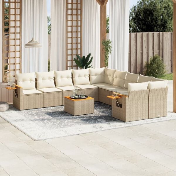 vidaXL 11-delige Tuinset met kussens poly rattan beige