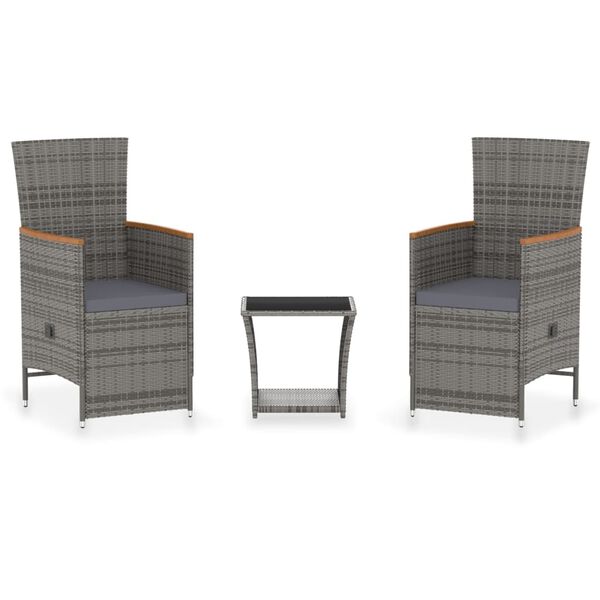 vidaXL 3-delige Loungeset met kussens poly rattan grijs