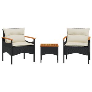 vidaXL 3-delige Loungeset met kussens poly rattan zwart