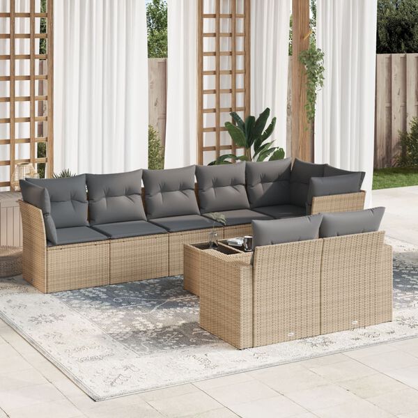 vidaXL 9-delige Loungeset met kussens poly rattan beige