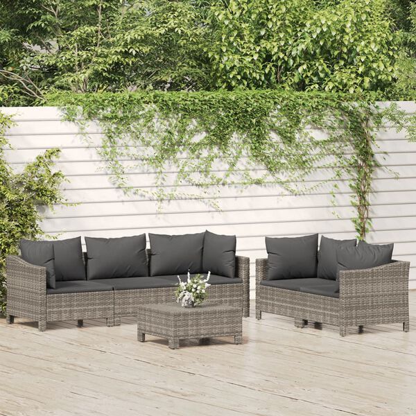 vidaXL 6-delige Loungeset met kussens poly rattan grijs