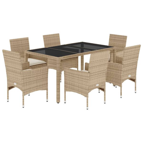 vidaXL 7-delige Tuinset met kussens poly rattan en glas beige