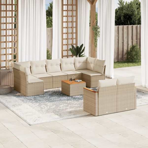 vidaXL 10-delige Loungeset met kussens poly rattan beige