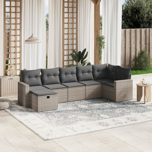 vidaXL 7-delige Loungeset met kussens poly rattan grijs