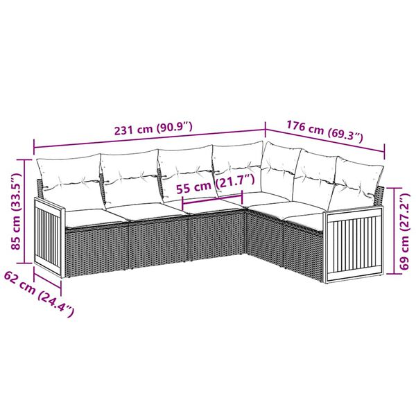 vidaXL 6-delige Loungeset met kussens poly rattan zwart