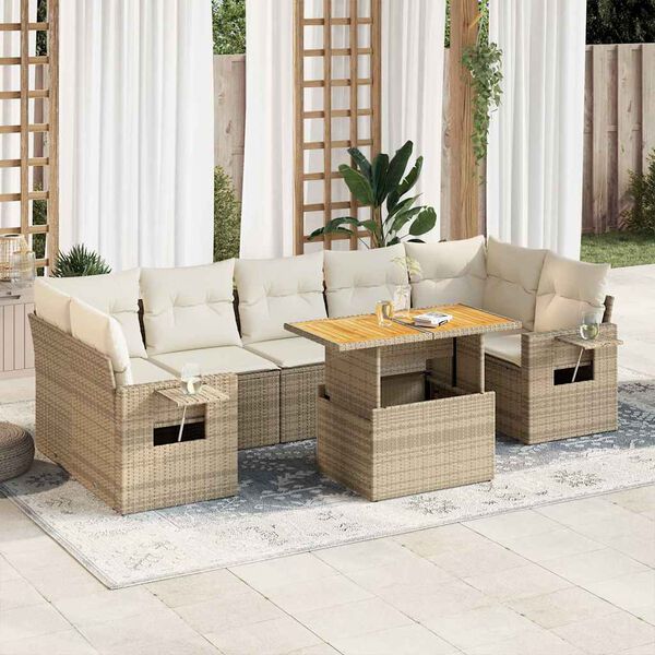 vidaXL 8-delige Loungeset met kussens poly rattan beige