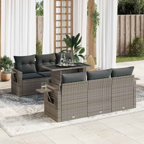 vidaXL 7-delige Loungeset met kussens poly rattan grijs