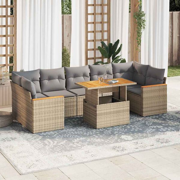 vidaXL 8-delige Loungeset met kussens poly rattan acacia beige