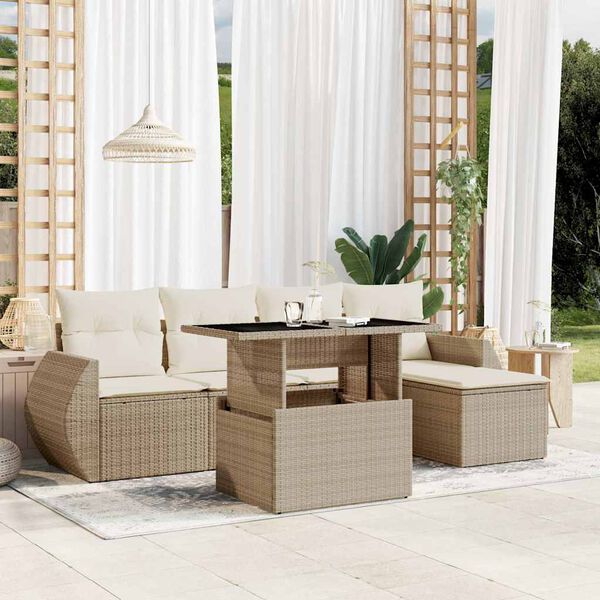 vidaXL 6-delige Loungeset met kussens poly rattan beige