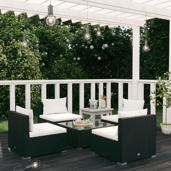 vidaXL 5-delige Loungeset met kussens poly rattan zwart