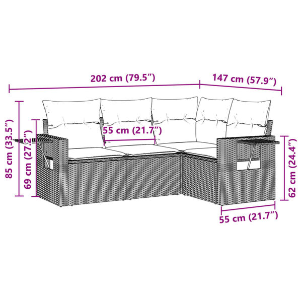 vidaXL 4-delige Loungeset met kussens poly rattan lichtgrijs