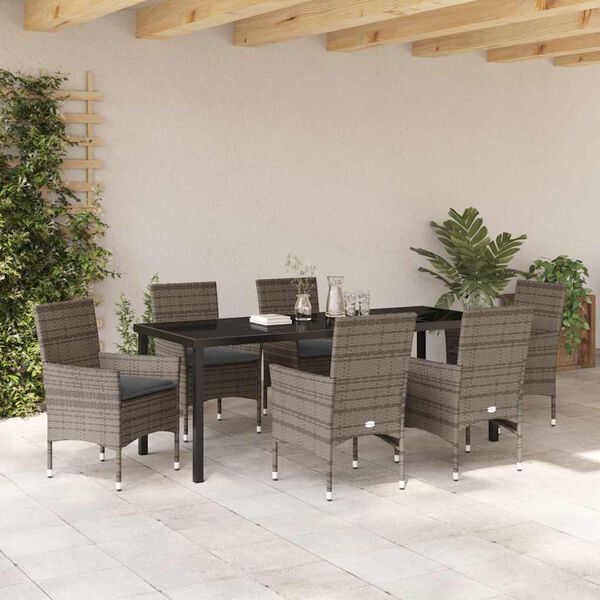 vidaXL Tuin eettafelset met kussen 7 pcs Grijs poly rattan