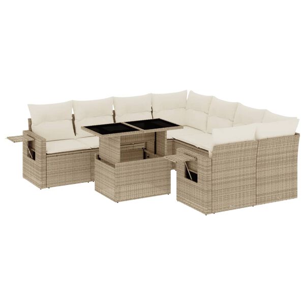 vidaXL 9-delige Loungeset met kussens poly rattan beige