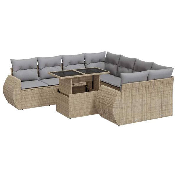 vidaXL 9-delige Loungeset met kussens poly rattan beige