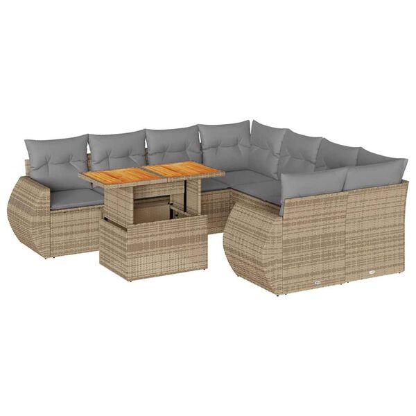 vidaXL 9-delige Loungeset met kussens poly rattan beige