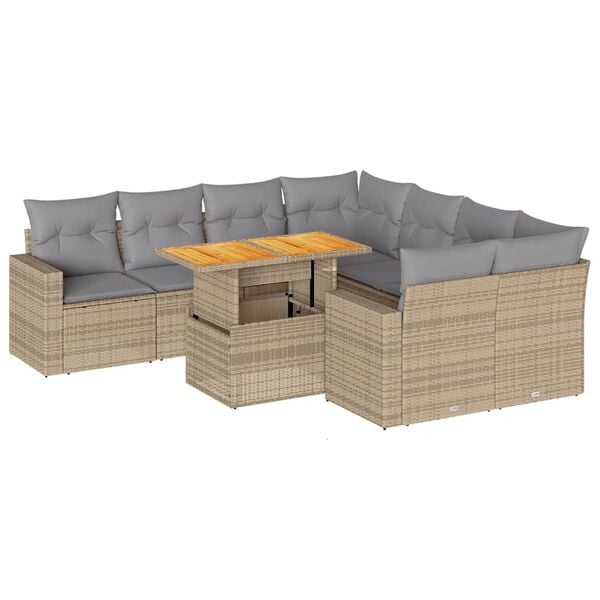 vidaXL 9-delige Loungeset met kussens poly rattan beige