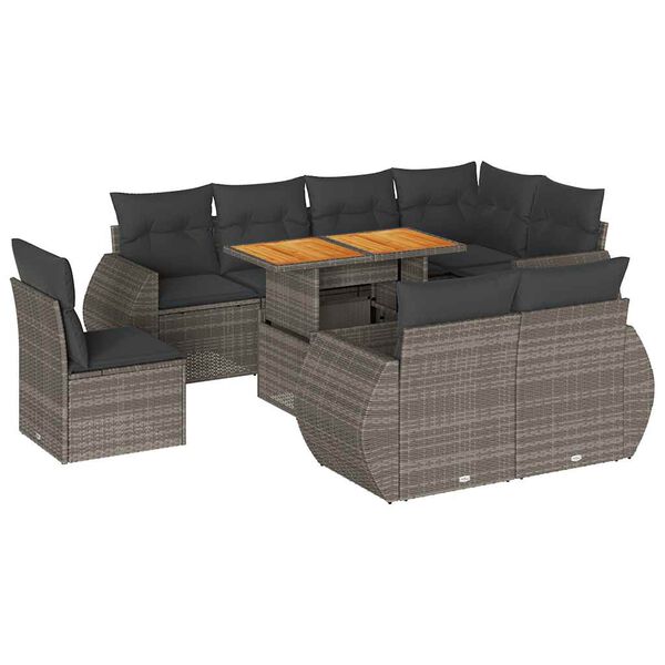 vidaXL 9-delige Loungeset met kussens poly rattan grijs