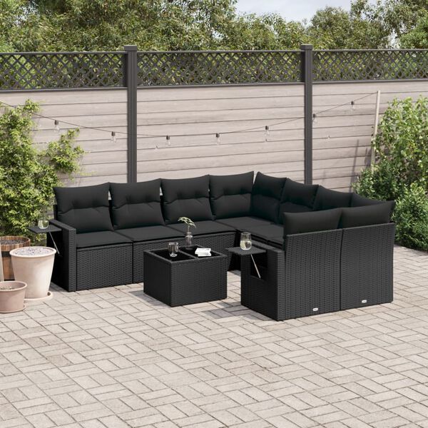 vidaXL 9-delige Loungeset met kussens poly rattan zwart