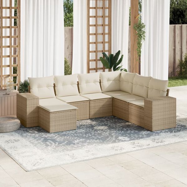 vidaXL 7-delige Loungeset met kussens poly rattan beige