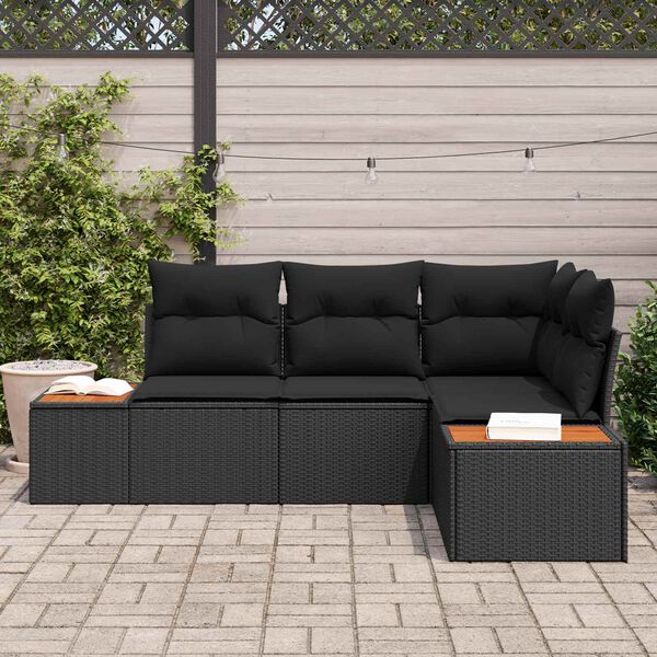 vidaXL Tuinbankenset met kussen met opslag 4 pcs Zwart Polyrattan