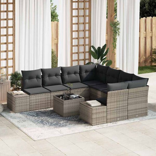 vidaXL Tuin Sofa Set met kussen met opslag 9 pcs Grijs poly rattan