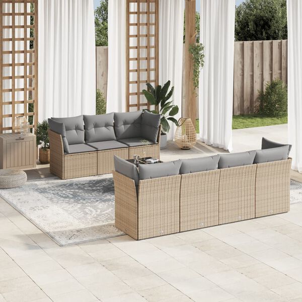 vidaXL 8-delige Loungeset met kussens poly rattan beige