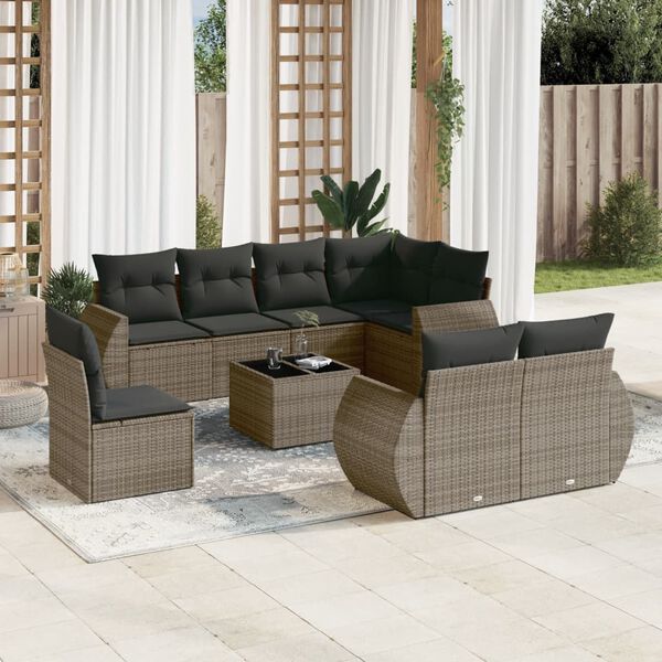 vidaXL 9-delige Loungeset met kussens poly rattan grijs