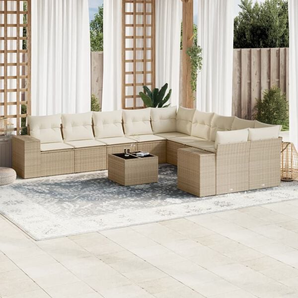 vidaXL 11-delige Tuinset met kussens poly rattan beige