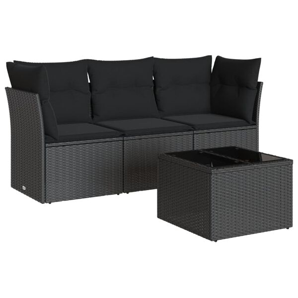 vidaXL 4-delige Loungeset met kussens poly rattan zwart