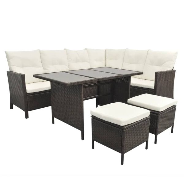 vidaXL 4-delige Loungeset met kussens poly rattan bruin