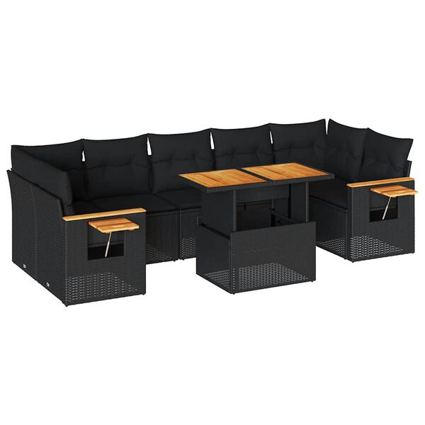 vidaXL 8-delige Loungeset met kussens poly rattan acacia zwart