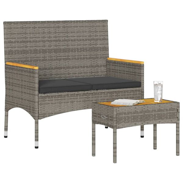 vidaXL Tuinbank 2-zits met kussens en tafel poly rattan grijs
