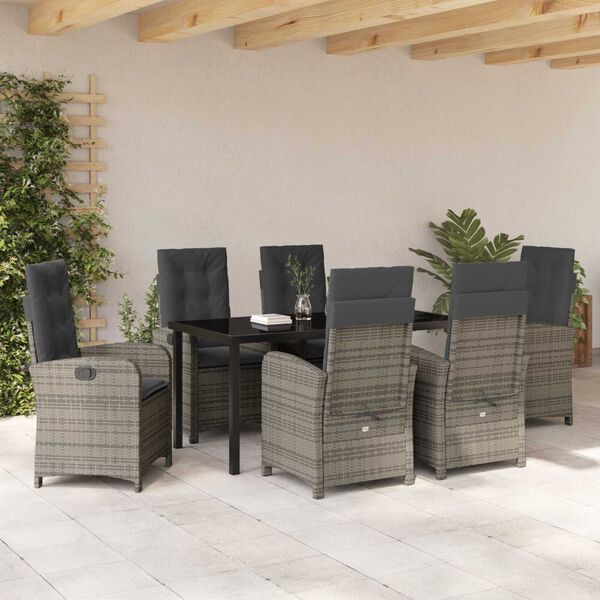 vidaXL Tuin eettafelset met kussen 7 pcs Grijs poly rattan