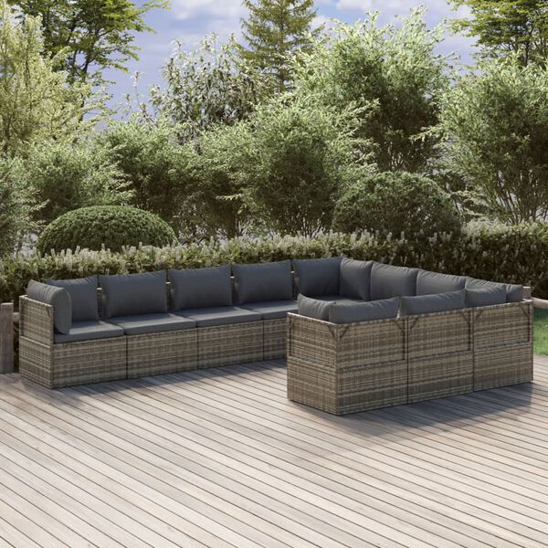vidaXL 10-delige Loungeset met kussens poly rattan grijs