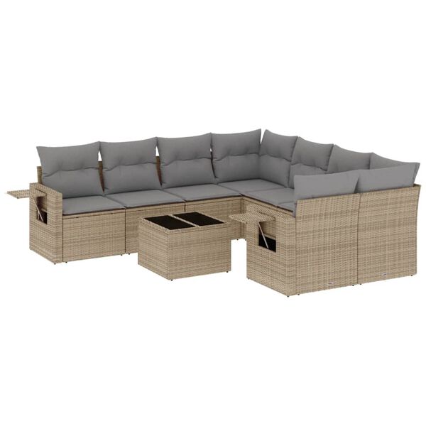 vidaXL 9-delige Loungeset met kussens poly rattan beige