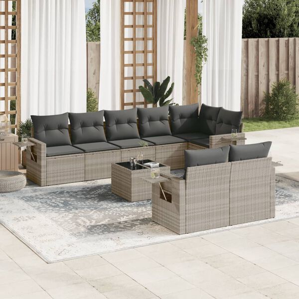 vidaXL 9-delige Loungeset met kussens poly rattan lichtgrijs