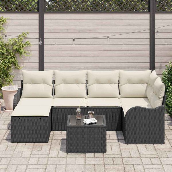 vidaXL Tuin Sofa Set met kussen 7 pcs Zwart en wit Poly riet