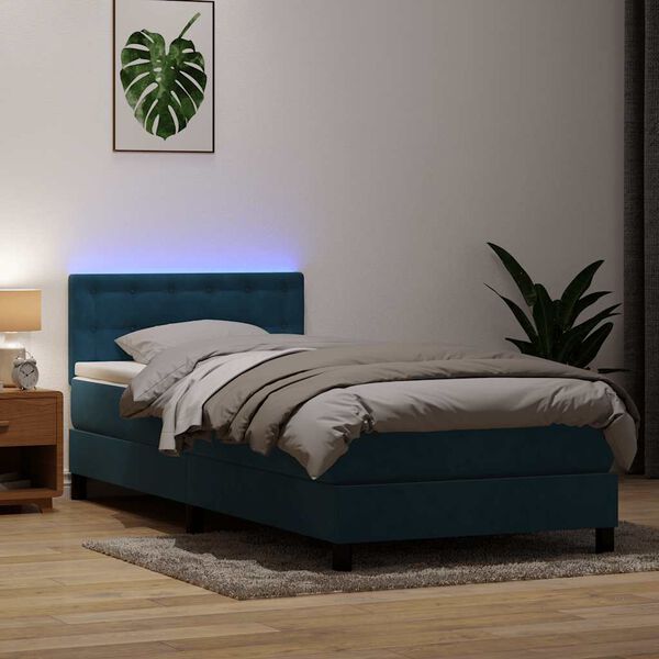vidaXL Boxspring met matras en LED fluweel donkerblauw 100x210 cm