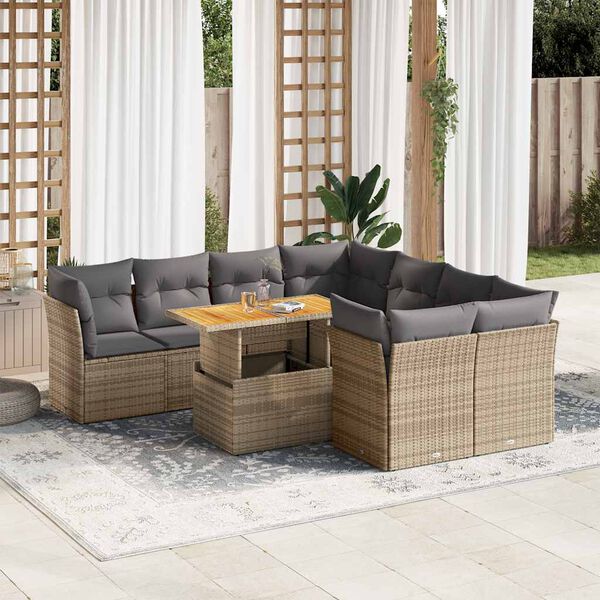vidaXL 9-delige Loungeset met kussens poly rattan beige