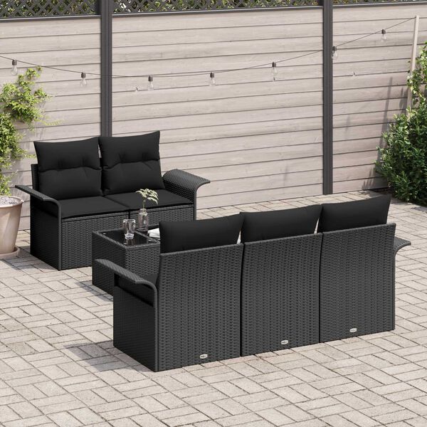 vidaXL Tuin Sofa Set met kussen 6 pcs Zwart Poly rattan, staal en glas