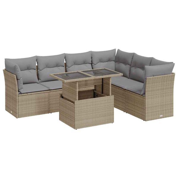 vidaXL 7-delige Loungeset met kussens poly rattan beige