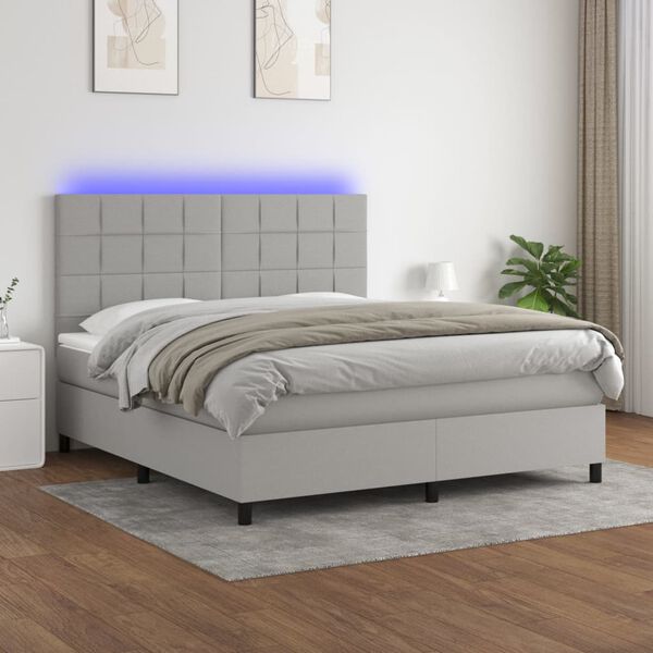 vidaXL Boxspring met matras en LED stof lichtgrijs 180x200 cm