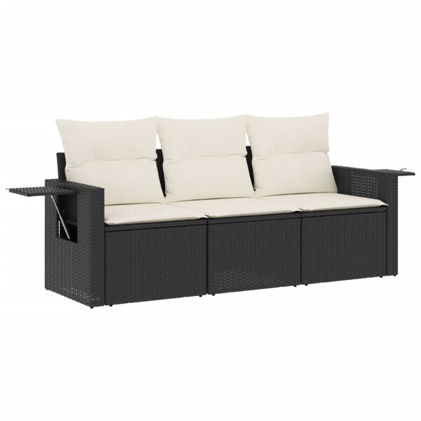 vidaXL 3-delige Loungeset met kussens poly rattan zwart