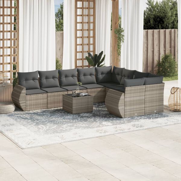 vidaXL 10-delige Loungeset met kussens poly rattan lichtgrijs